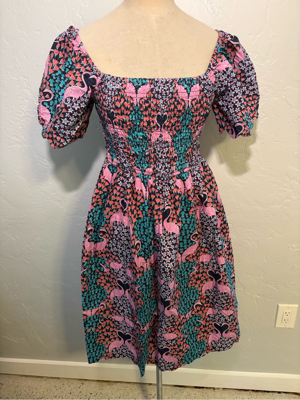 Simply Southern Pink and Teal Smocked Puff Sleeve Midi Dress